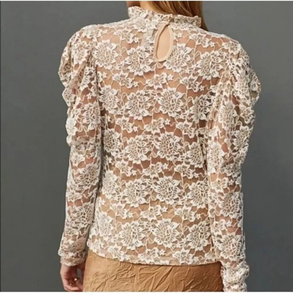 Dolan Lace Blouse White Floral Ruffle Neck Puff Sleeve Top Womens Petite M